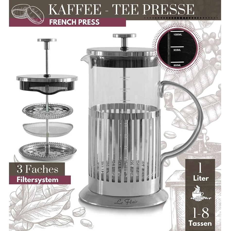 Френч-прес Le Flair з неіржавкої сталі для кави місткістю 1 літр — Глечик-прес для чаю місткістю 1 літр з