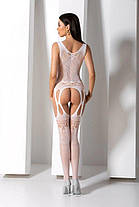 Бодістокінг із плетінням на грудях Passion BS099 One Size, white, відкритий доступ, імітація підв'язок, фото 3