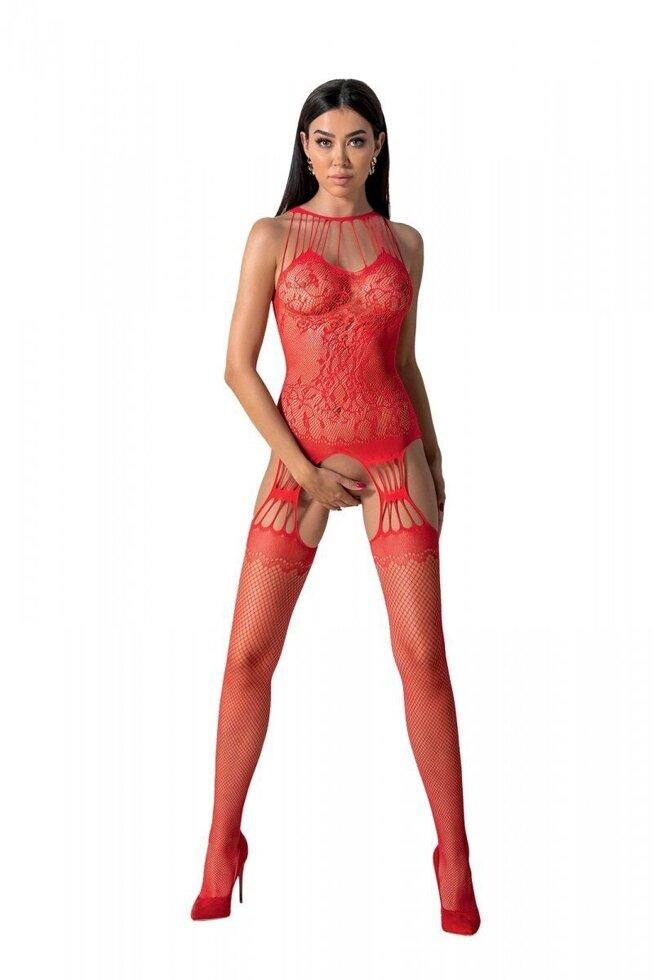 Бодістокінг з безліччю бретелів Passion BS095 One Size, red, імітація пояса та панчох, з доступом