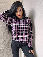 Стильный женский осенний свитер в клетку, вязка ткань, в расцветках; размер: 42-46 Черный/розовый
