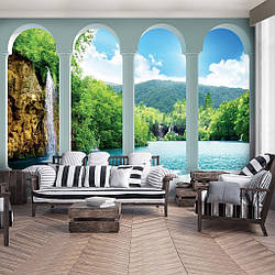 Фото шпалери 368х254 см Природа ліс 3Д Водоспад за чотирма арками (2353V8) Найкраща якість