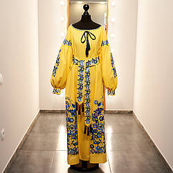 Сукня довга з вишивкою -гладь/ вільного крою/стиль бохо з поясом /довгий рукав/колір - жовтий.