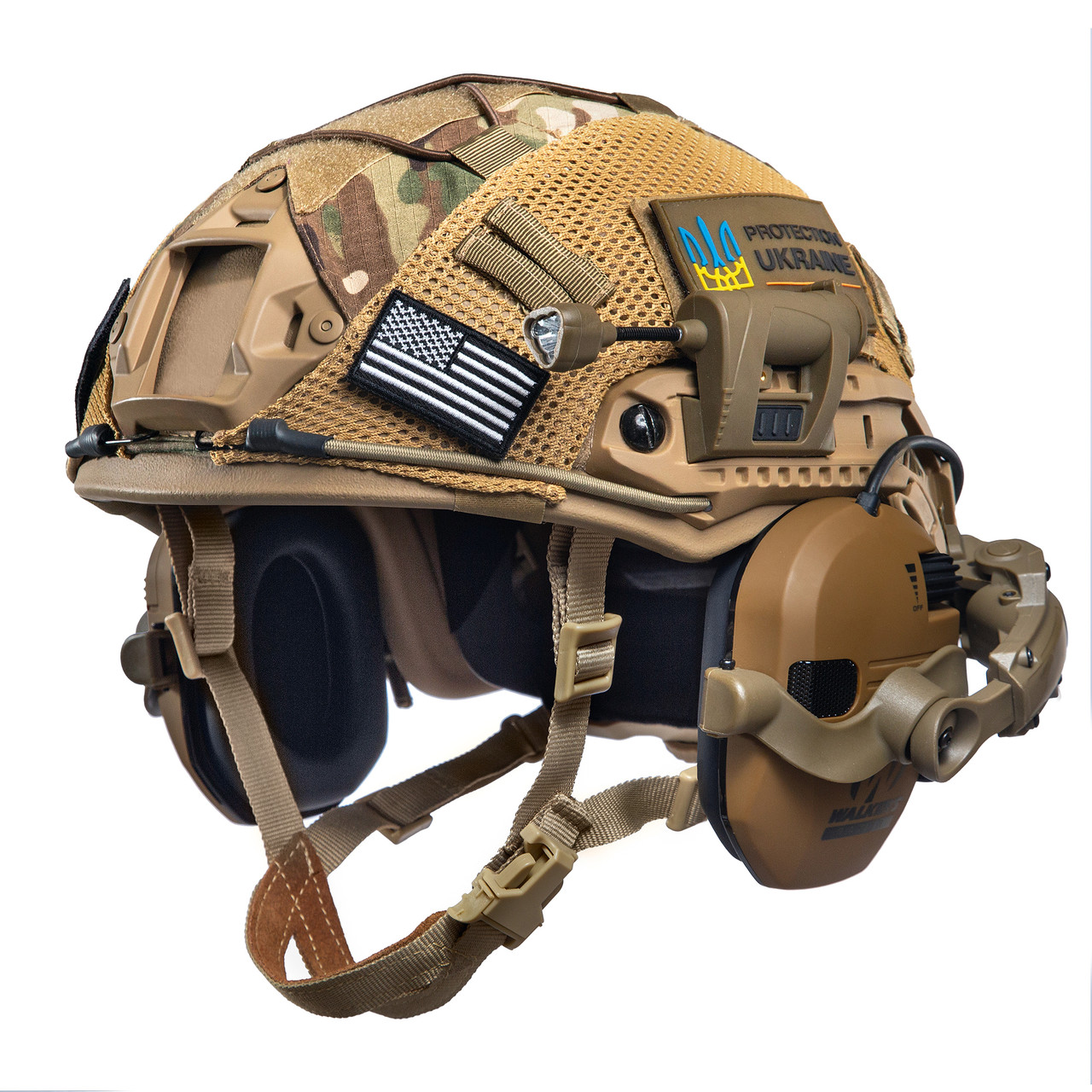 Шолом тактичний Fast Helmet NIJ IIIA + Навушники Walkers Razor Slim з чебурашкою + ліхтарик + кавер