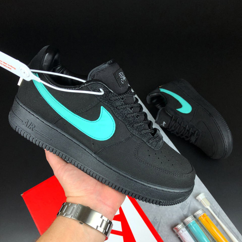 Чоловічі кросівки Nike Air Force 1 Low Tiffany & Co замшеві стильні молодіжні чорні бірюзові