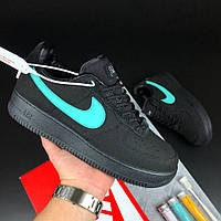 Мужские кроссовки Nike Air Force 1 Low Tiffany & Co замшевые стильные молодежные черные бирюзовые