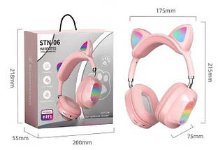 Дитячі бездротові Bluetooth навушники CAT EAR RGB STN06 накладні з котячими вушками мікрофоном Рожевий, фото 5
