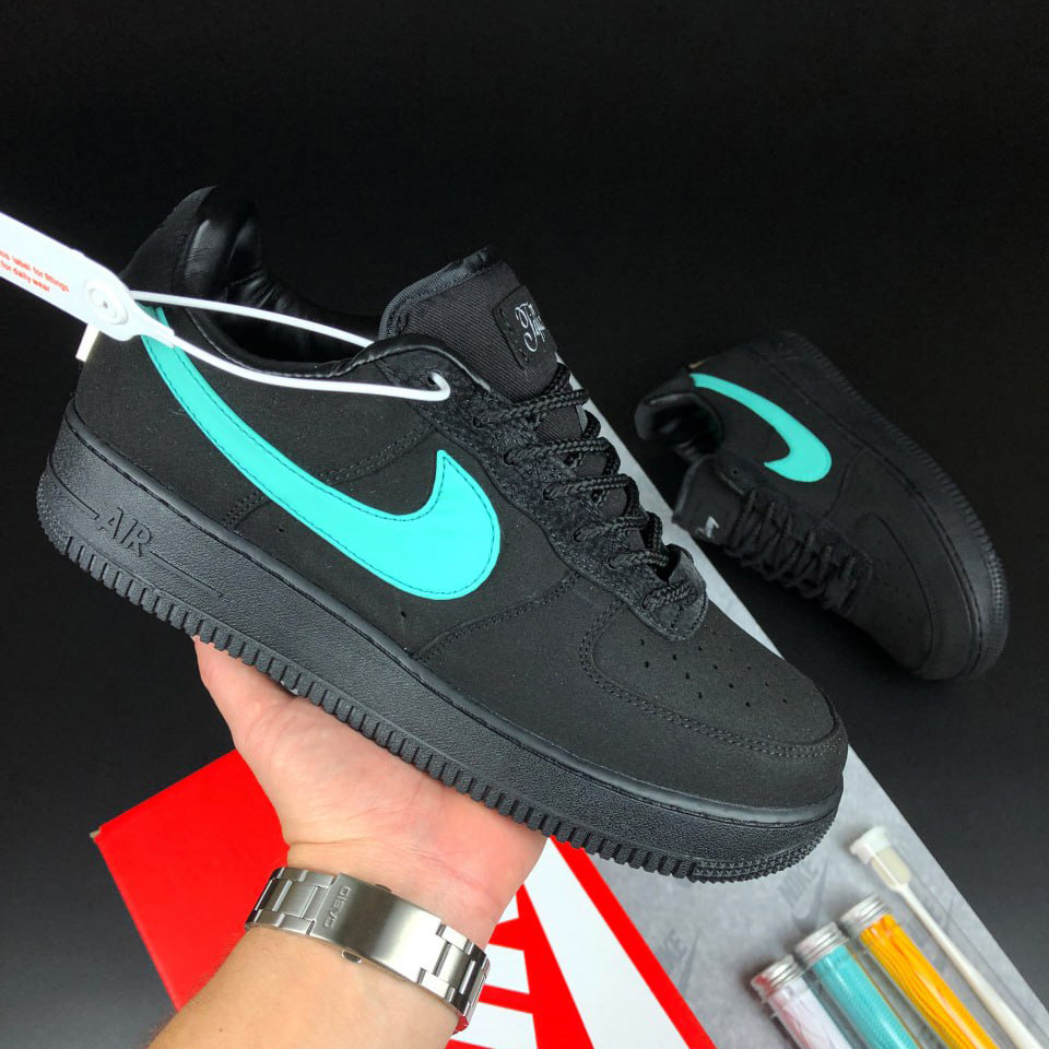 Жіночі кросівки Nike Air Force 1 Low Tiffany & Co замшеві стильні молодіжні чорні бірюзові