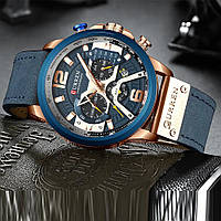 Синій наручний годинник чоловічий круглий кварцовий з ремінцем Curren, модний наручний годинник чоловічий з хронографом