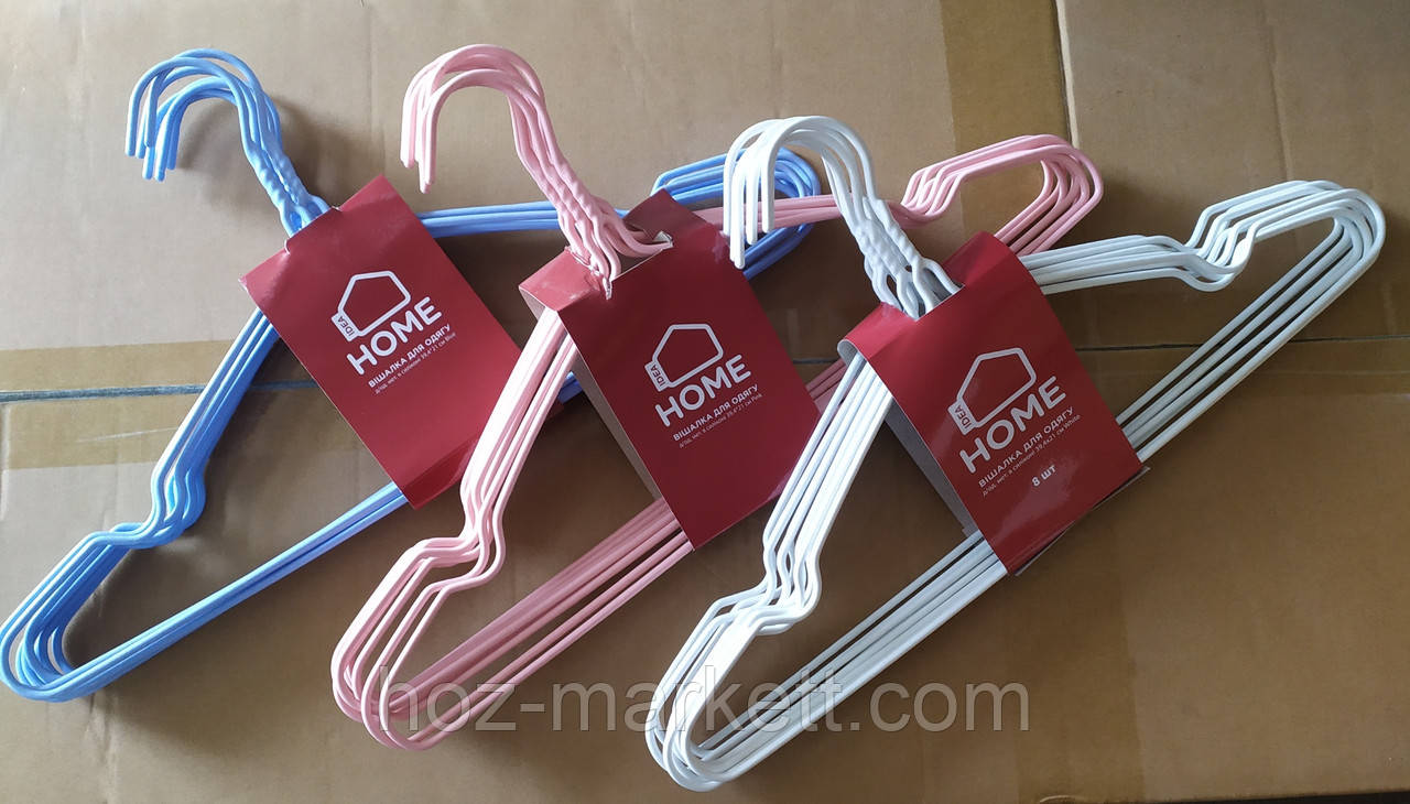 Вішалки плеча, тремпл білі металевий у силіконовому покритті з хромованим гачком 8 шт. в уп, фото 1