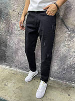 Чоловічі джинси МОМ (чорні) комфортні звужені донизу з дизайнерськими потертостями А5070:2162 #3Т