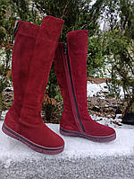 Сапоги женские зимние из катуральной замши с ленточкой и значком версаче бордового цвета