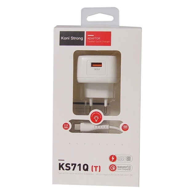 Адаптер мережевий KONI Strong Type-C cable KS71Q 3A набір білий, фото 1