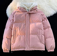Зимняя женская дутая куртка пуховик с меховым капюшоном плащевка + синтепон 250 + подкладка Розовый, 42/46