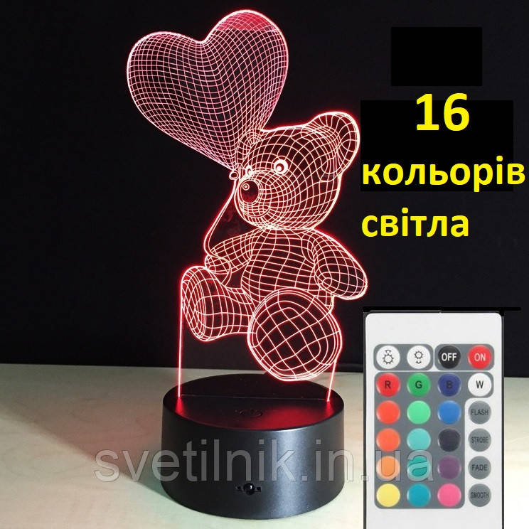 Світильник-нічник 3D з пультом керування Ведмедик із серцем подарунок дитині на новий рік, фото 1