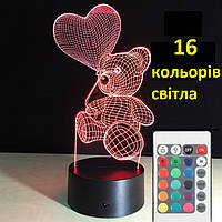 Светильник-ночник 3D с пультом управления Мишка с сердцем подарок ребенку на новый год