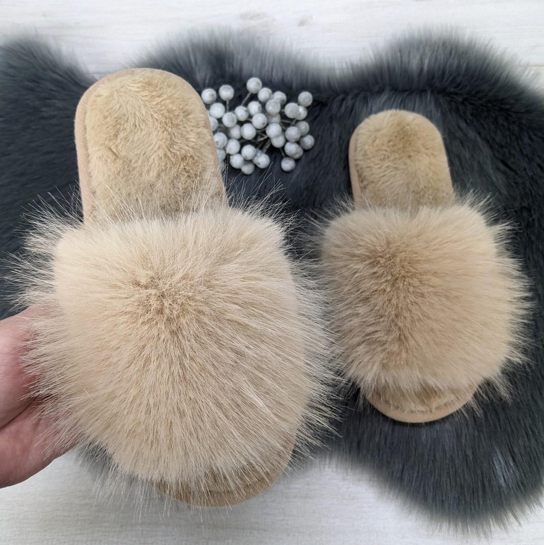 Тапочки хутряні жіночі з відкритим носком бежеві 4351, фото 1