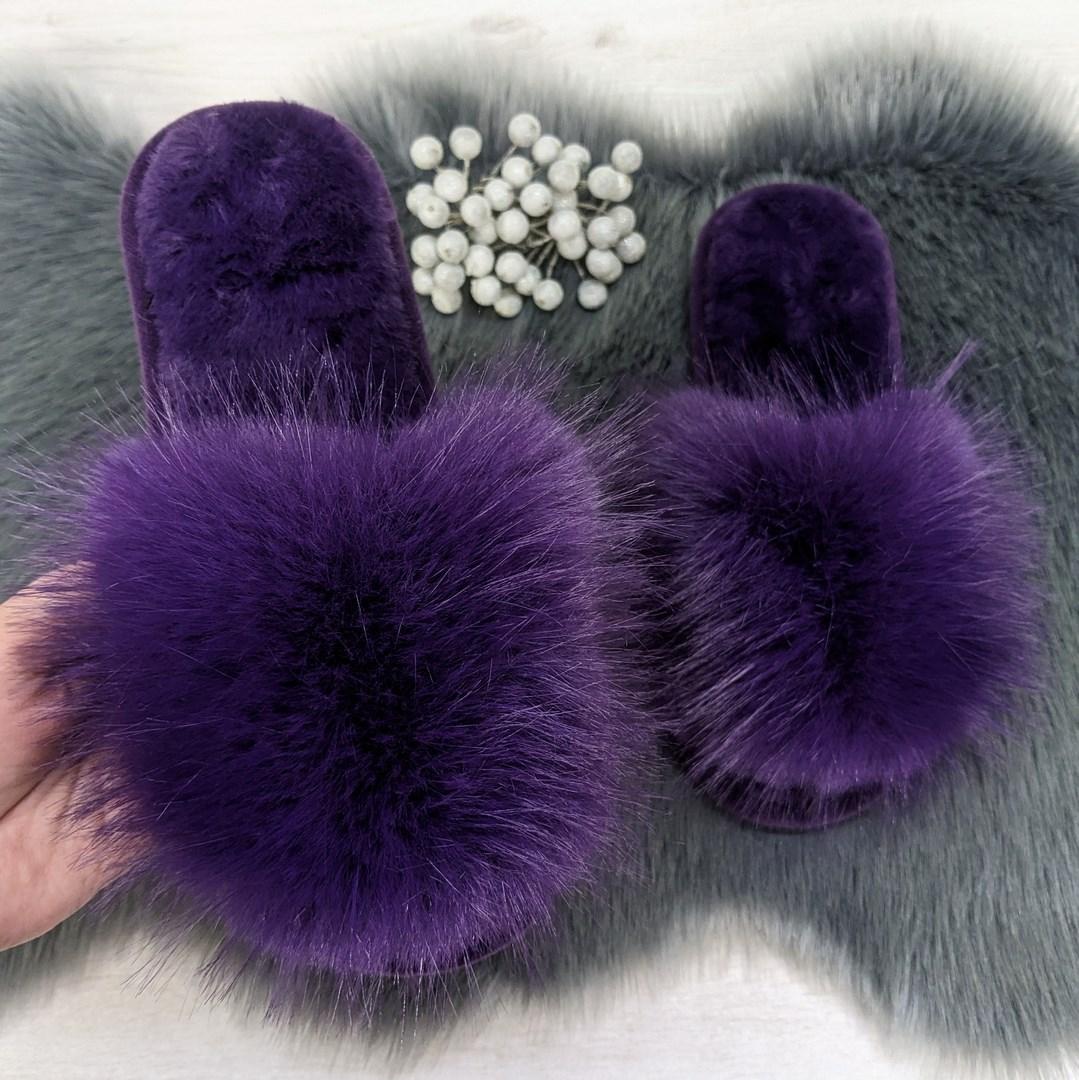 Тапочки хутряні жіночі з відкритим носком фіолетові 4351, фото 1