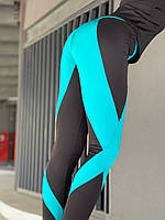 Лосины женские спортивные с высокой посадкой микродайвинг цвет черный с бирюзовым