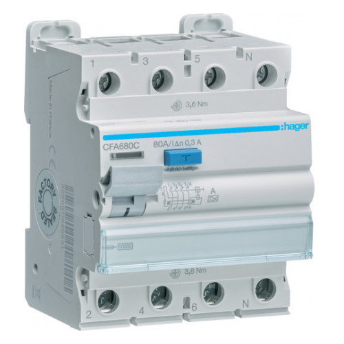 Диференціальне реле (ПЗВ) CFA680C 4P 10kA 80A 300mA тип A Hager