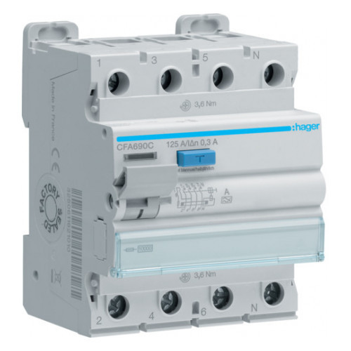 Диференціальне реле (ПЗВ) CFA690C 4P 10kA 125A 300mA тип A Hager