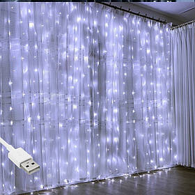 Гірлянда штора "Роса" від USB, 3x2м, 200 LED, 10 ниток, 8 режимів, IP44
