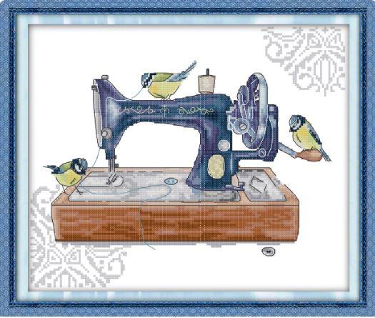 Набір для вишивання за нанесеною на канву схемою "Bird and sewing machine". AIDA 14CT printed 35*30 см