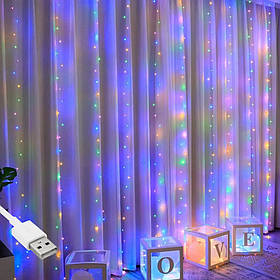 Гірлянда штора "Роса" від USB, 3x2м, 300 LED, 15 ниток, 8 режимів, IP44