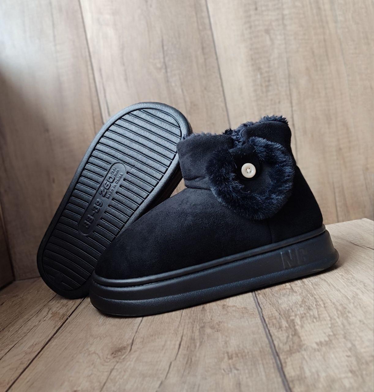 Угги-тапки ЧЕРНЫЕ BLACK низкие с пуговицей и опушкой на высокой подошве экоЗамша полу ботиночки женские зима