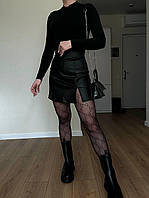 Женская Базовая юбка мини из эко кожи цвет чёрный с разрезом высокая посадка сзади на молнии