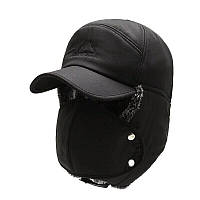 Шапка ушанка на меху с маской для лица - Чорная зимняя мужская шапка с козырьком «T-s»