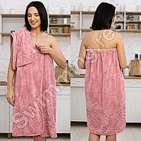 Набір жіночий Рушник-халат, рушник для лиця мікрофібра для сауни лазні 140х80 см Love Рожевий