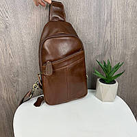 Кожаная мужская сумка на грудь, барсетка слинг нагрудная из натуральной кожи темно-коричневый