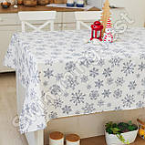 Новорічна лляна бавовняна скатертина 150х220 см на обідній стіл "Сніжинки сірі на білому", фото 4