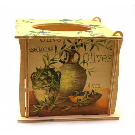 Підставка для серветок з кришкою розписна дерев'яна 16х15х13см Оливки, фото 2