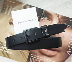 Шкіряний чоловічий ремінь Tommy Hilfiger black із чорною пряжкою