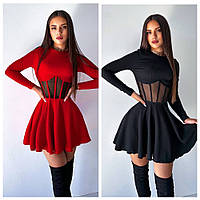 Женское стильное короткое платье с имитацией корсета: 42-44, 46-48. Цвет: чёрный, красный.