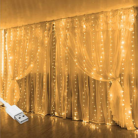 Гірлянда штора "Роса" від USB, 3x2м, 400 LED, 20 ниток, 8 режимів, IP44