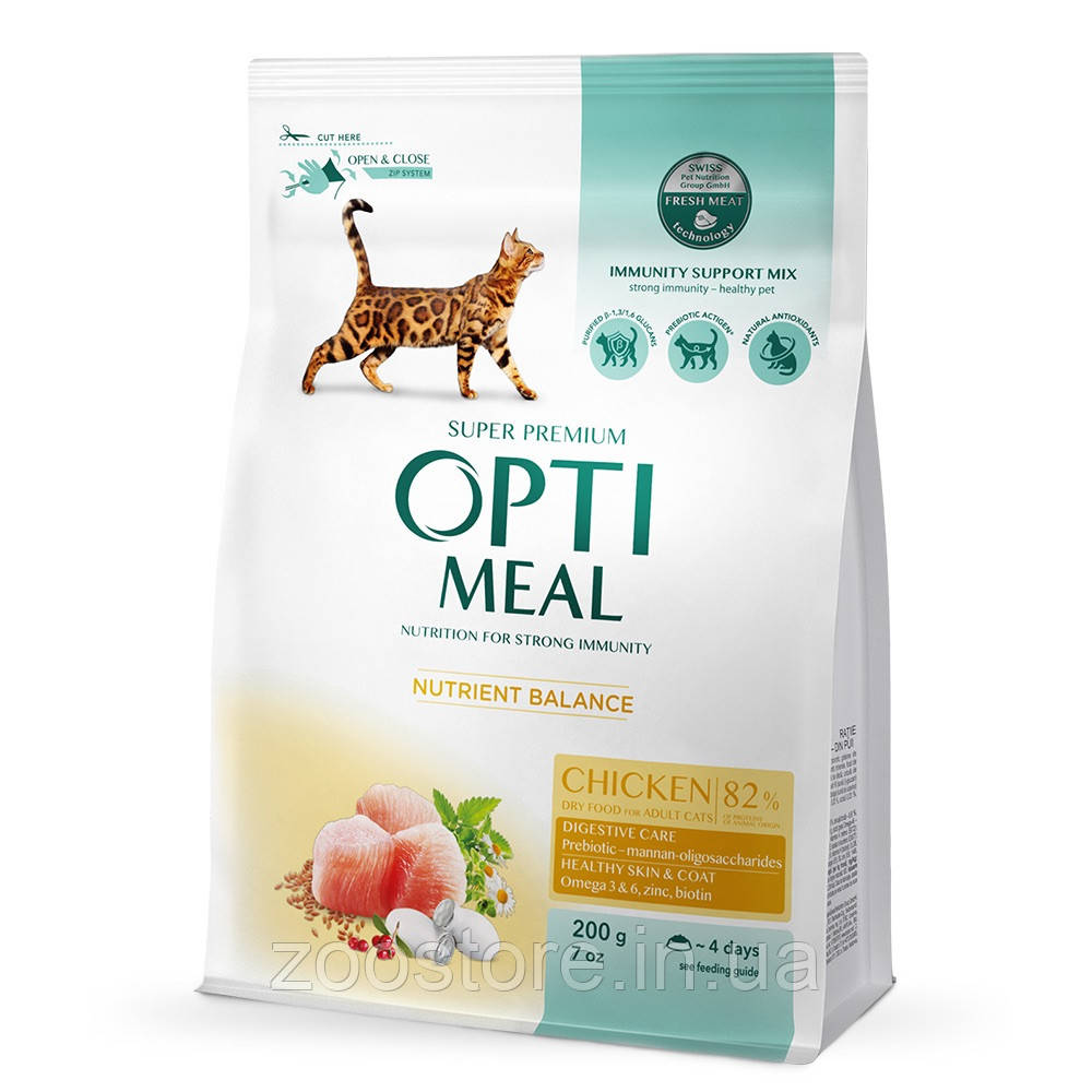 Корм сухий OPTI MEAL для дорослих котів Adult Cat Chicken курка 200 г