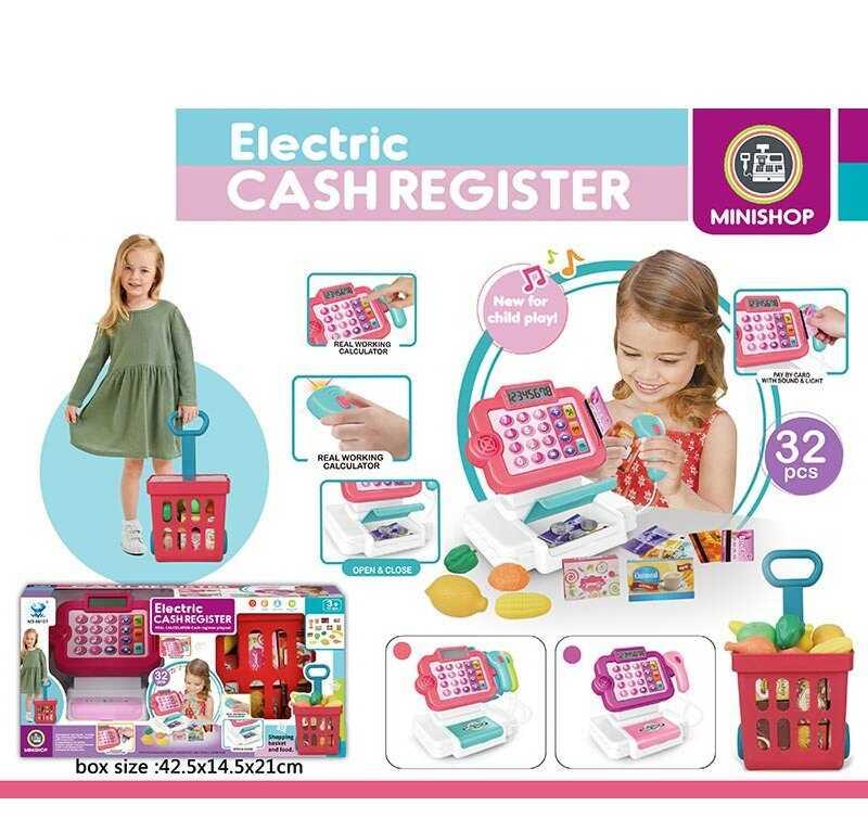 Іграшковий касовий апарат 66107, 2 кольори, 32 елементи, калькулятор, звук, підсвітка, кошик з продуктами, фото 1