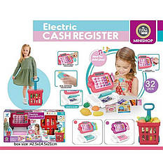 Іграшковий касовий апарат 66107, 2 кольори, 32 елементи, калькулятор, звук, підсвітка, кошик з продуктами