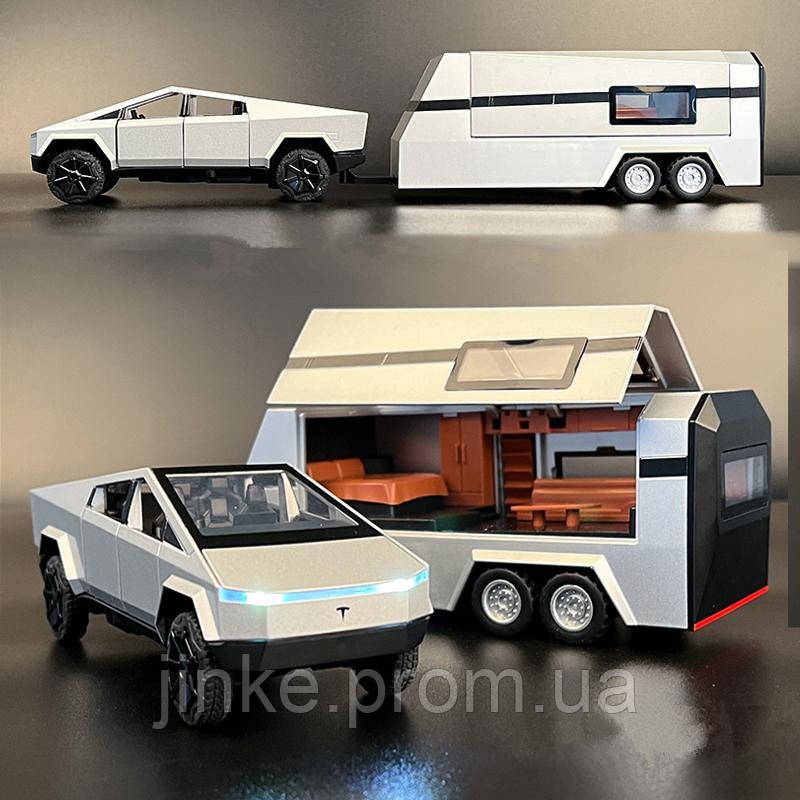 Масштабна модель автомобіля Tesla Cybertruck Pickup із трейлером та квадроциклом. Металева машинка.