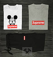 Чоловічий комплект дві футболки + шорти Supreme білого, сірого і чорного кольору (люкс) S