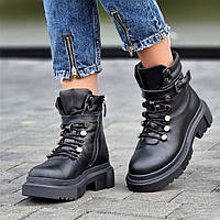 Только 37р, 38р и 40р! Ботинки женские кожаные зимние черные на тракторной подошве модные (Код: Р2020)