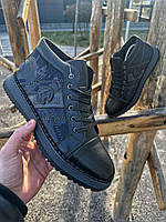 Мужские зимние черные ботинки на шнурках и молнии. Утепленные мужские кожаные черные ботинки на меху