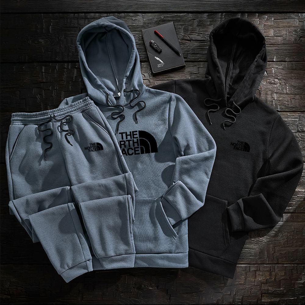 Чоловічий зимовий спортивний костюм The North Face сіро-чорний Комплект Зе Норт Фейс Худі Худі Штани, фото 1