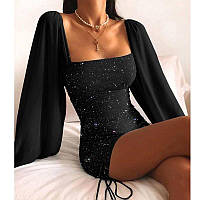 Женское модное черное платье из люрекса с шифоновым рукавом
