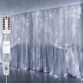 Гірлянда штора Роса + пульт, 3x2м, 400 LED, від USB та мережі 220В, 20 ниток, 8 режимів