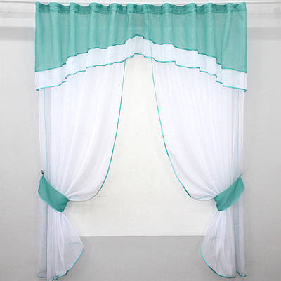 Кухонний комплект, (280х170см.) шторки з ламбрекеном і підхватами. Колір білий з бірюзовим. Код 084к 52-0566