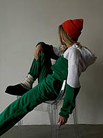 Женский стильный комбинезон двухцветный трехнитка на флисе с капюшоном на молнии (резинка на талии) зеленый, S/M