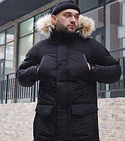 Парка мужская зимняя куртка удлиненная с мехом на капюшоне теплая Турция черная. Живое фото. Чоловіча куртка